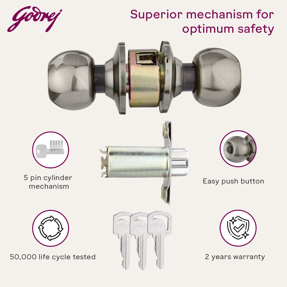 Godrej Cylindrical Lock I With 3 keys I For bedroom, For Home & Office I Suitable for Left Right, Inside&Outside Opening Doors I Backset 70mm I Antique Brass Finish I 5 Years Warranty